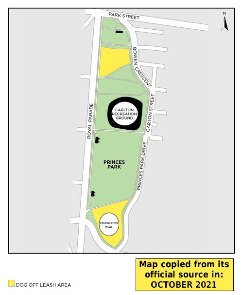 Open map in a new window Princes Park dog off-lead map